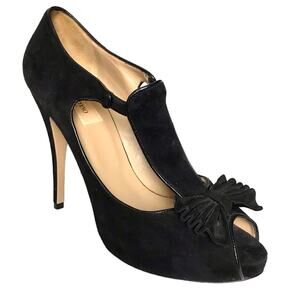 Valentino Garavani Black Suede Leather Peep Toe Bow T Strap Heels Pumps Shoes 39
